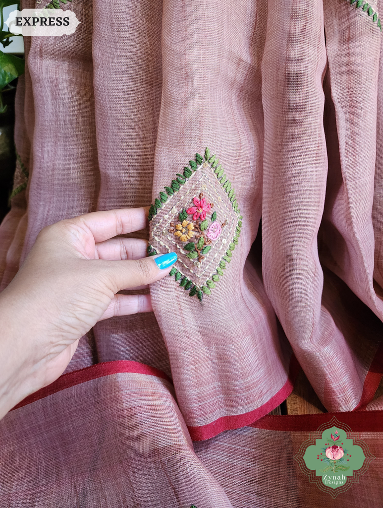 Zynah Powder Pink Linen Tissue Saree Adorned With French-knot & Kantha Hand Embroidery; Custom Stitched/Ready-made Blouse, Fall, Petticoat; SKU: 1903202504