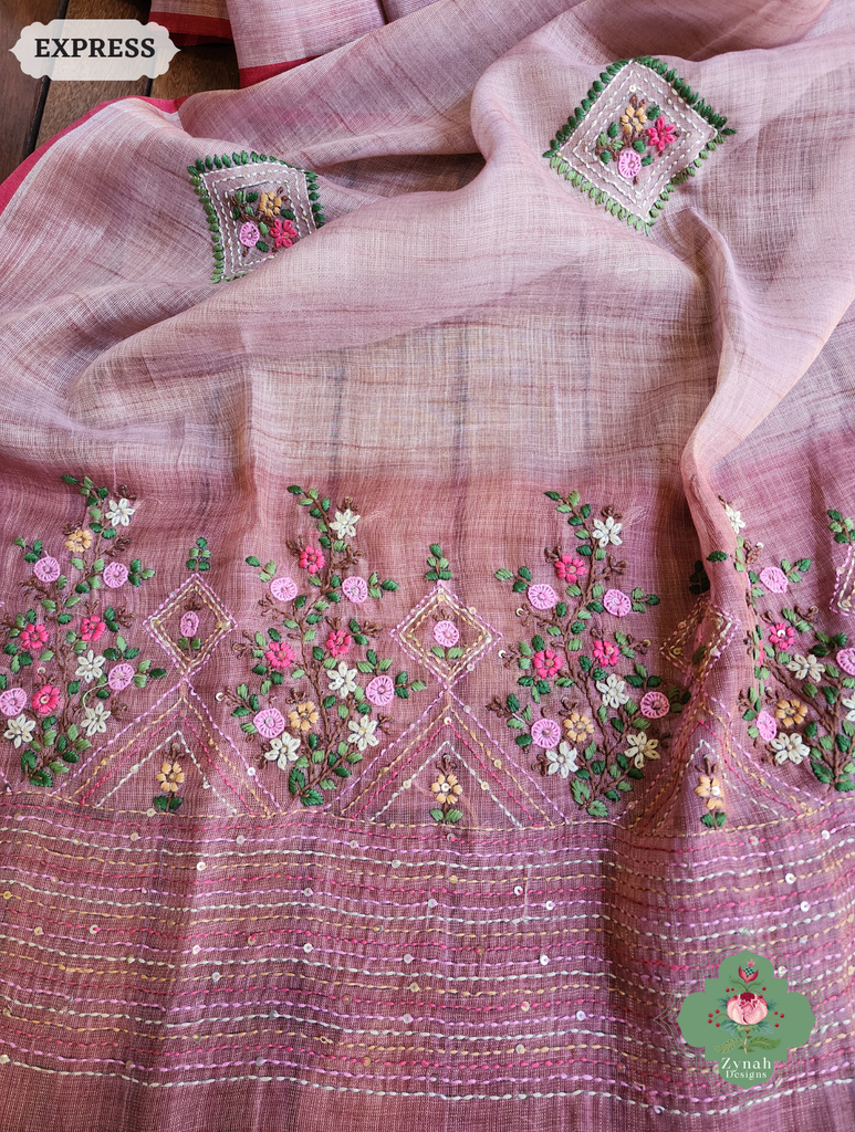 Zynah Powder Pink Linen Tissue Saree Adorned With French-knot & Kantha Hand Embroidery; Custom Stitched/Ready-made Blouse, Fall, Petticoat; SKU: 1903202504
