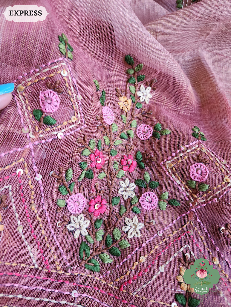 Zynah Powder Pink Linen Tissue Saree Adorned With French-knot & Kantha Hand Embroidery; Custom Stitched/Ready-made Blouse, Fall, Petticoat; SKU: 1903202504