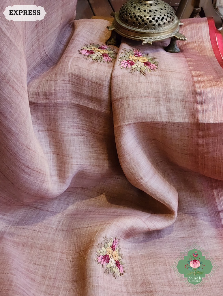 Zynah Powder Pink Linen Tissue Saree Adorned With French-knot & Kantha Hand Embroidery; Custom Stitched/Ready-made Blouse, Fall, Petticoat; SKU: 1903202505