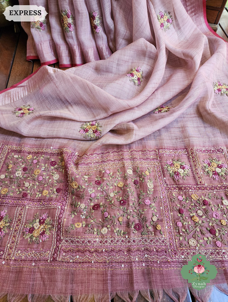 Zynah Powder Pink Linen Tissue Saree Adorned With French-knot & Kantha Hand Embroidery; Custom Stitched/Ready-made Blouse, Fall, Petticoat; SKU: 1903202505