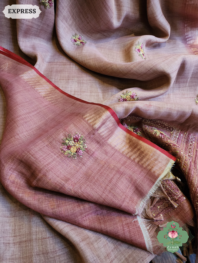 Zynah Powder Pink Linen Tissue Saree Adorned With French-knot & Kantha Hand Embroidery; Custom Stitched/Ready-made Blouse, Fall, Petticoat; SKU: 1903202505