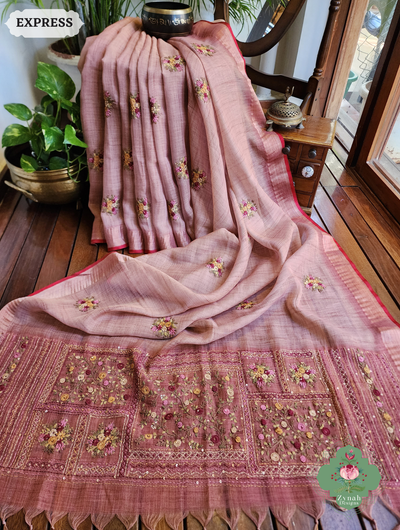 Zynah Powder Pink Linen Tissue Saree Adorned With French-knot & Kantha Hand Embroidery; Custom Stitched/Ready-made Blouse, Fall, Petticoat; SKU: 1903202505