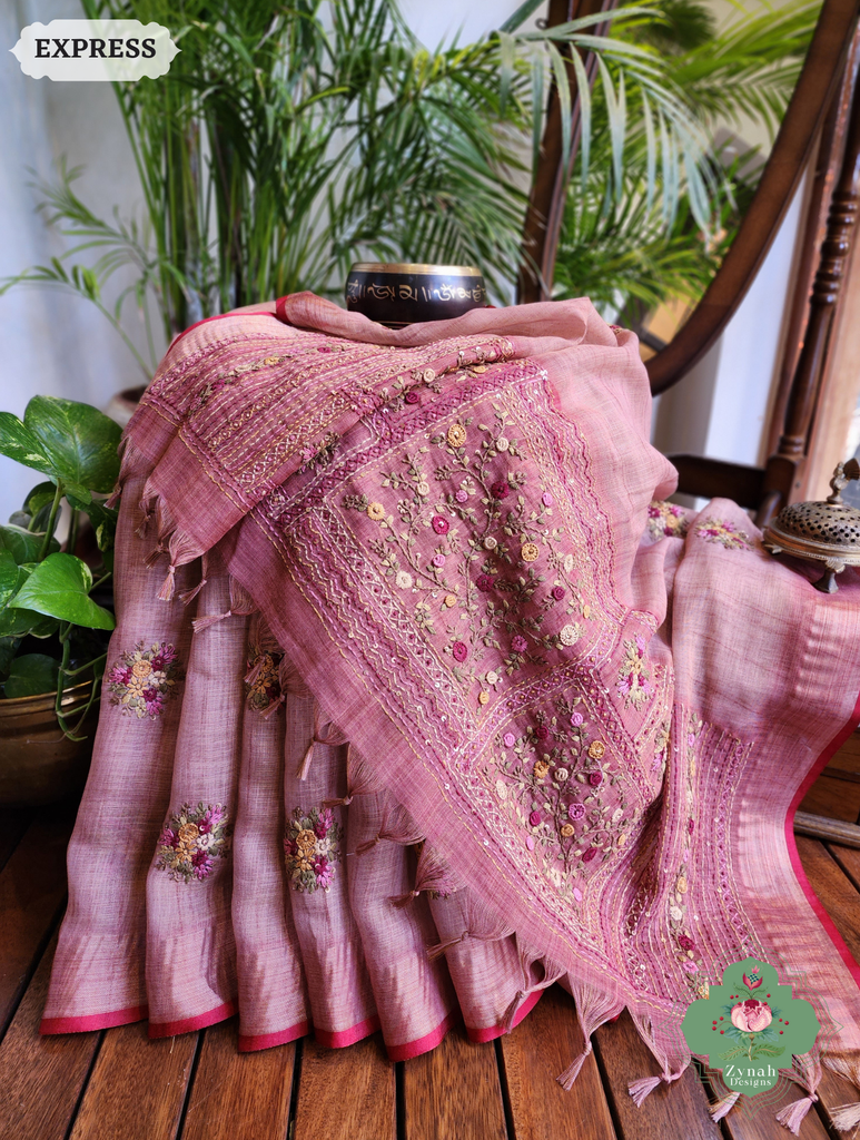 Zynah Powder Pink Linen Tissue Saree Adorned With French-knot & Kantha Hand Embroidery; Custom Stitched/Ready-made Blouse, Fall, Petticoat; SKU: 1903202505