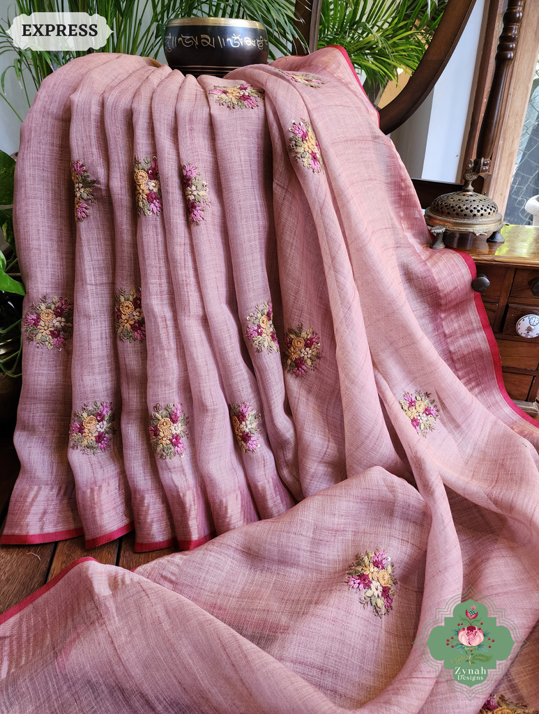 Zynah Powder Pink Linen Tissue Saree Adorned With French-knot & Kantha Hand Embroidery; Custom Stitched/Ready-made Blouse, Fall, Petticoat; SKU: 1903202505