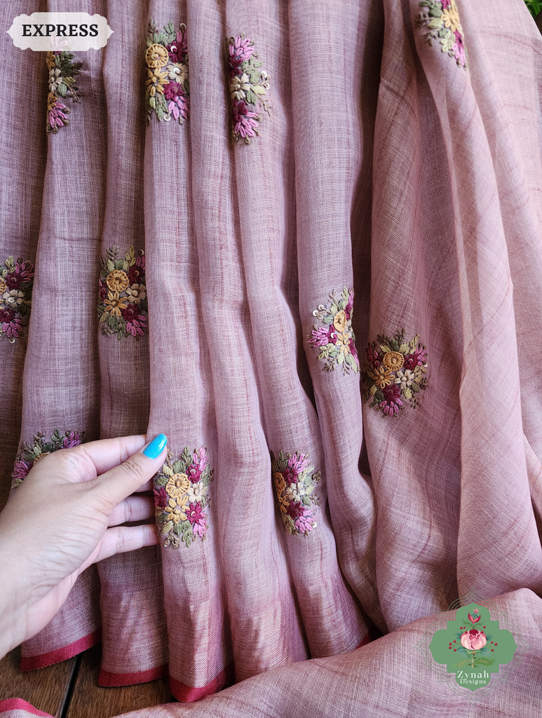 Zynah Powder Pink Linen Tissue Saree Adorned With French-knot & Kantha Hand Embroidery; Custom Stitched/Ready-made Blouse, Fall, Petticoat; SKU: 1903202505