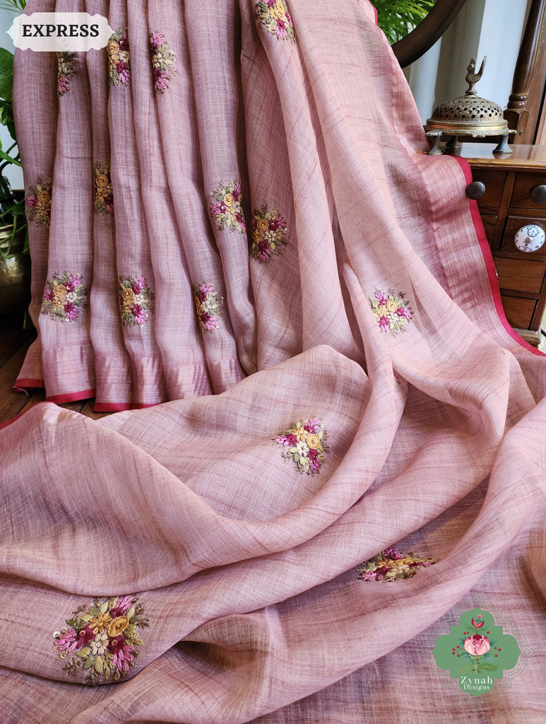 Zynah Powder Pink Linen Tissue Saree Adorned With French-knot & Kantha Hand Embroidery; Custom Stitched/Ready-made Blouse, Fall, Petticoat; SKU: 1903202505