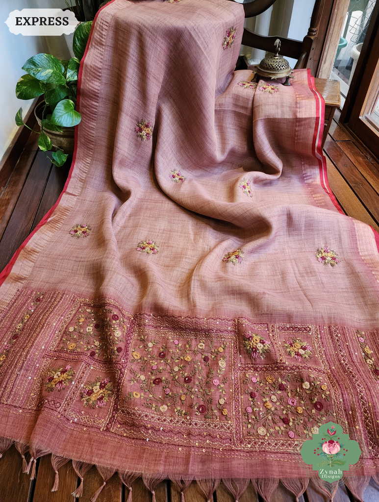 Zynah Powder Pink Linen Tissue Saree Adorned With French-knot & Kantha Hand Embroidery; Custom Stitched/Ready-made Blouse, Fall, Petticoat; SKU: 1903202505