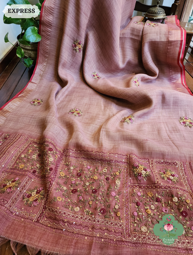Zynah Powder Pink Linen Tissue Saree Adorned With French-knot & Kantha Hand Embroidery; Custom Stitched/Ready-made Blouse, Fall, Petticoat; SKU: 1903202505