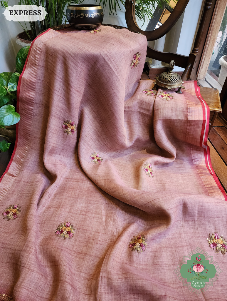 Zynah Powder Pink Linen Tissue Saree Adorned With French-knot & Kantha Hand Embroidery; Custom Stitched/Ready-made Blouse, Fall, Petticoat; SKU: 1903202505