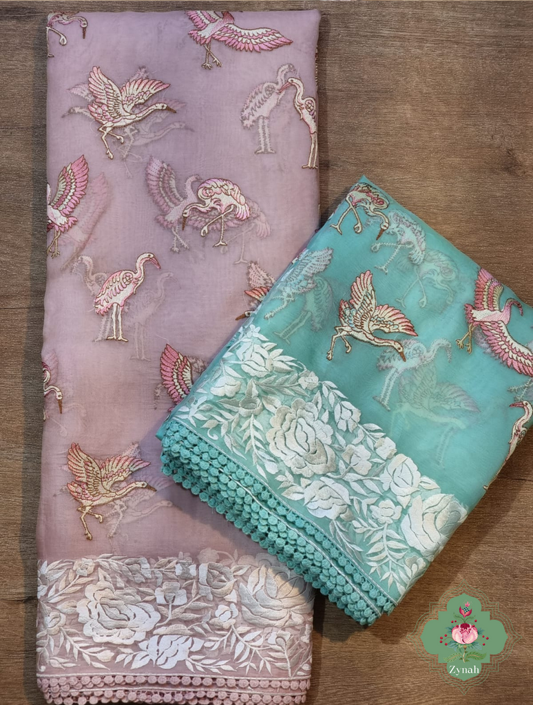 Powder Pink Pure Organza Silk Saree With Parsi Embroidery Border & All Over Embroidered Flamingoes 10