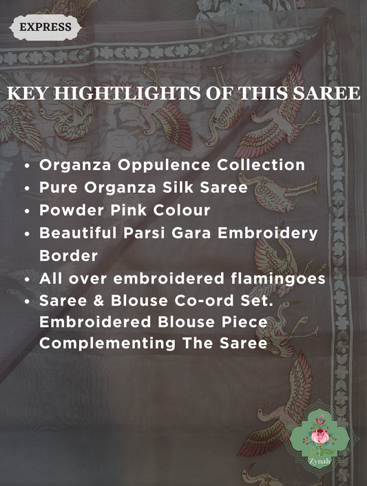 Powder Pink Pure Organza Silk Saree With Parsi Embroidery Border & All Over Embroidered Flamingoes 2