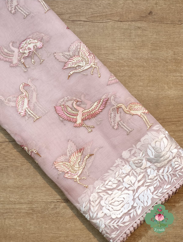 Powder Pink Pure Organza Silk Saree With Parsi Embroidery Border & All Over Embroidered Flamingoes 9