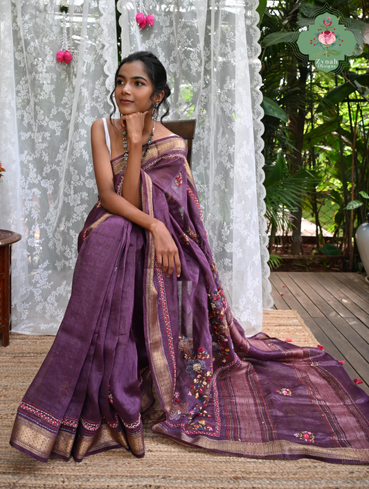 Prisha| Aubergine Pure Silk Linen Saree With Hand Embroidery