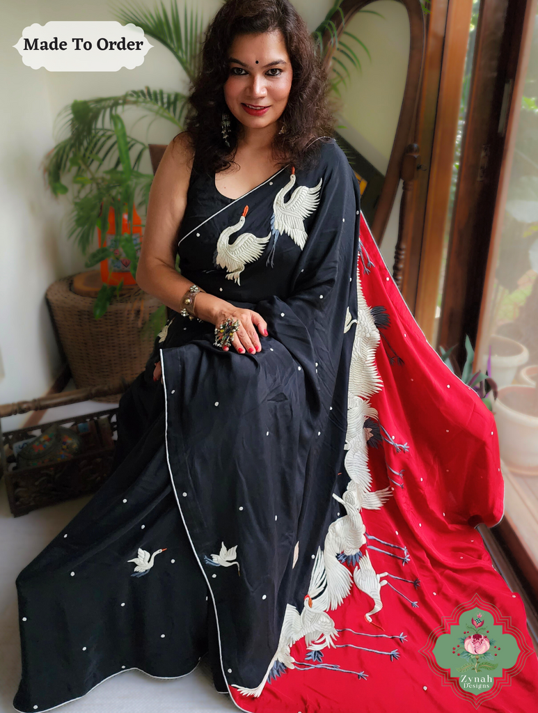 Zynah Made To Order Black & Cherry Red Pure Crepe Silk Parsi Gara Saree With Designer Motifs of Cranes & Swans; Custom Stitched/Ready-made Blouse, Fall, Petticoat; SKU: 2505202303