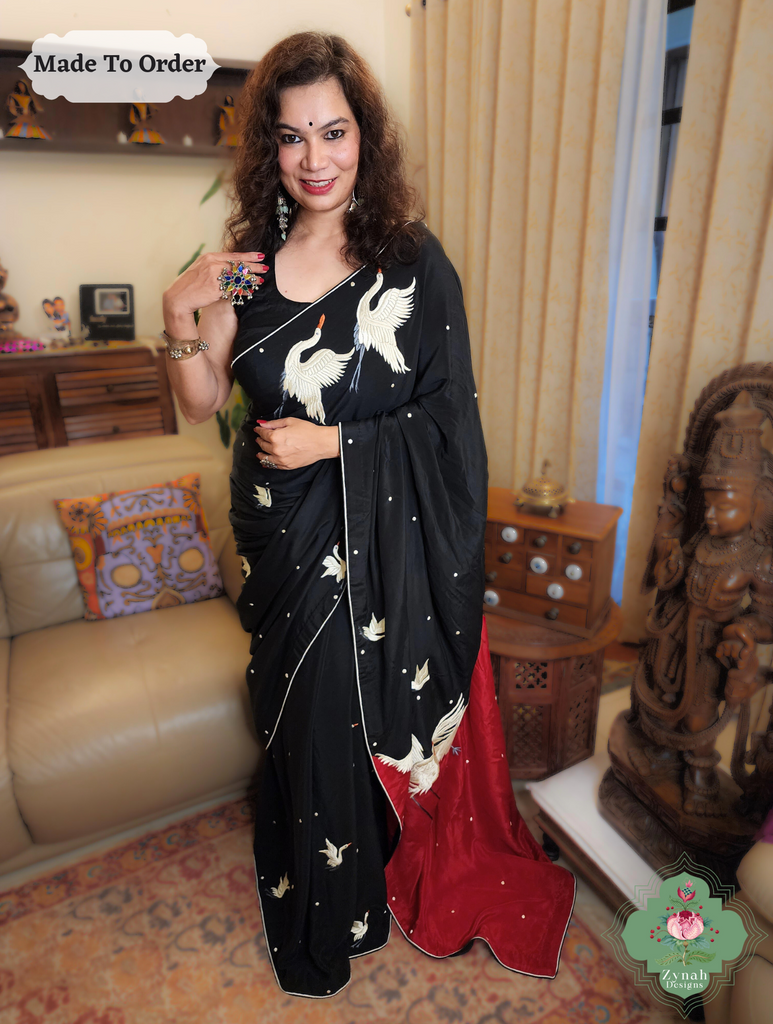 Zynah Made To Order Black & Cherry Red Pure Crepe Silk Parsi Gara Saree With Designer Motifs of Cranes & Swans; Custom Stitched/Ready-made Blouse, Fall, Petticoat; SKU: 2505202303