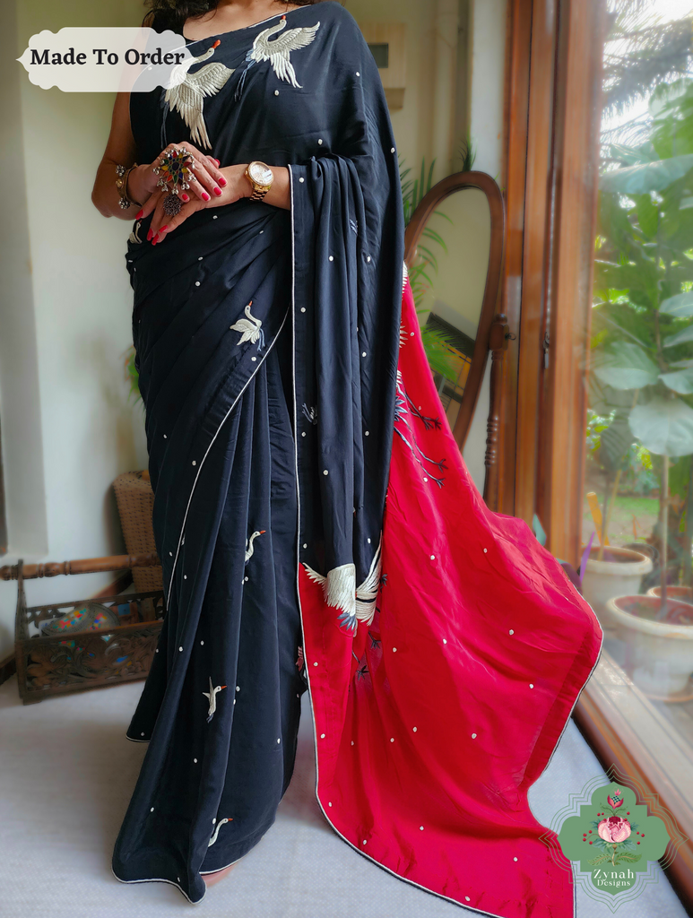 Zynah Made To Order Black & Cherry Red Pure Crepe Silk Parsi Gara Saree With Designer Motifs of Cranes & Swans; Custom Stitched/Ready-made Blouse, Fall, Petticoat; SKU: 2505202303