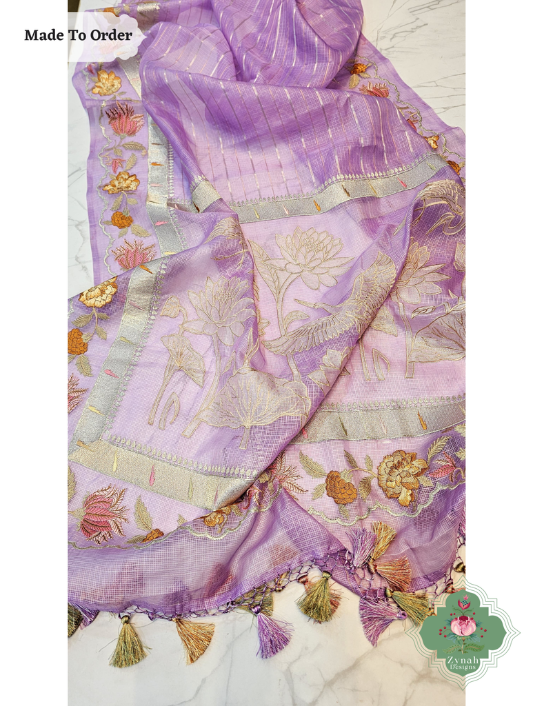 Zynah Made To Order Purple Kota Tussar Silk Saree With Embroidery; Custom Stitched/Ready-made Blouse, Fall, Petticoat; SKU: 1510202504