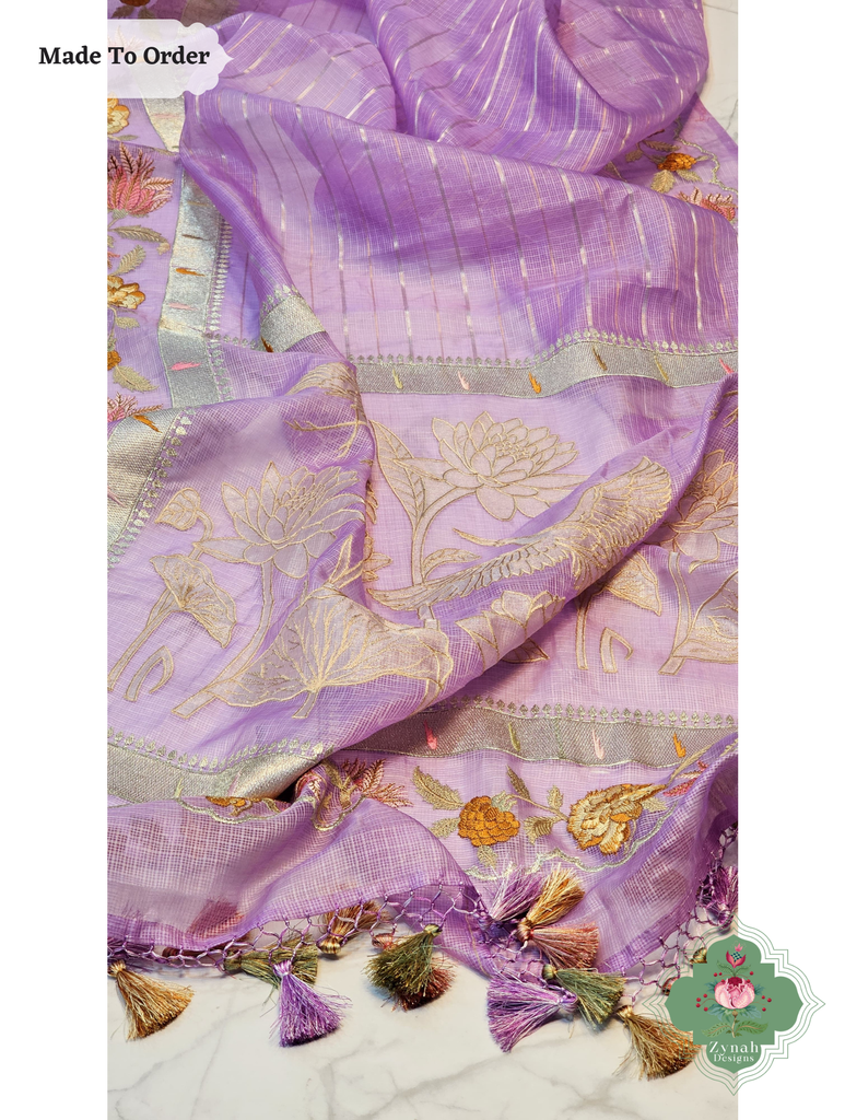 Zynah Made To Order Purple Kota Tussar Silk Saree With Embroidery; Custom Stitched/Ready-made Blouse, Fall, Petticoat; SKU: 1510202504