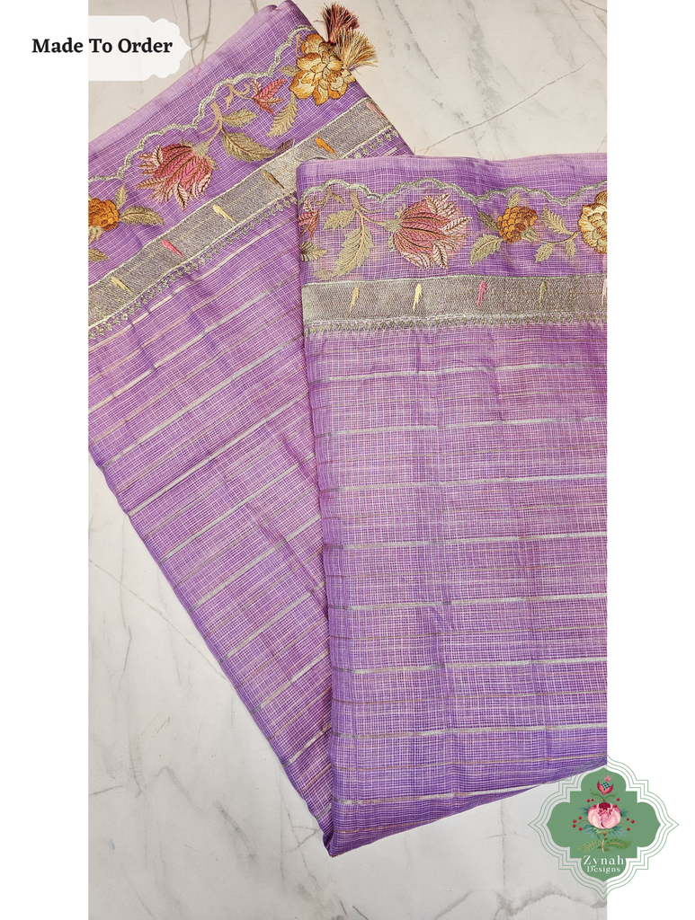 Zynah Made To Order Purple Kota Tussar Silk Saree With Embroidery; Custom Stitched/Ready-made Blouse, Fall, Petticoat; SKU: 1510202504