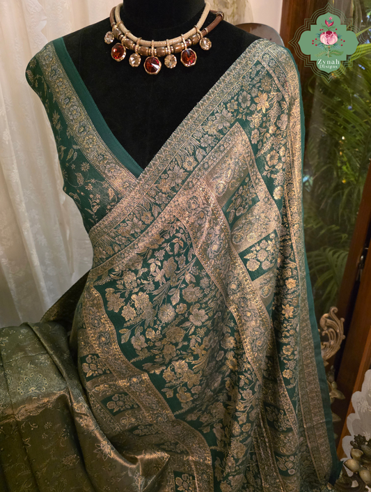 Rachita | Deep Teal Green & Antique Gold Kashmiri Pure Kani Tissue Silk Jamavar Weave Saree | Made To Order