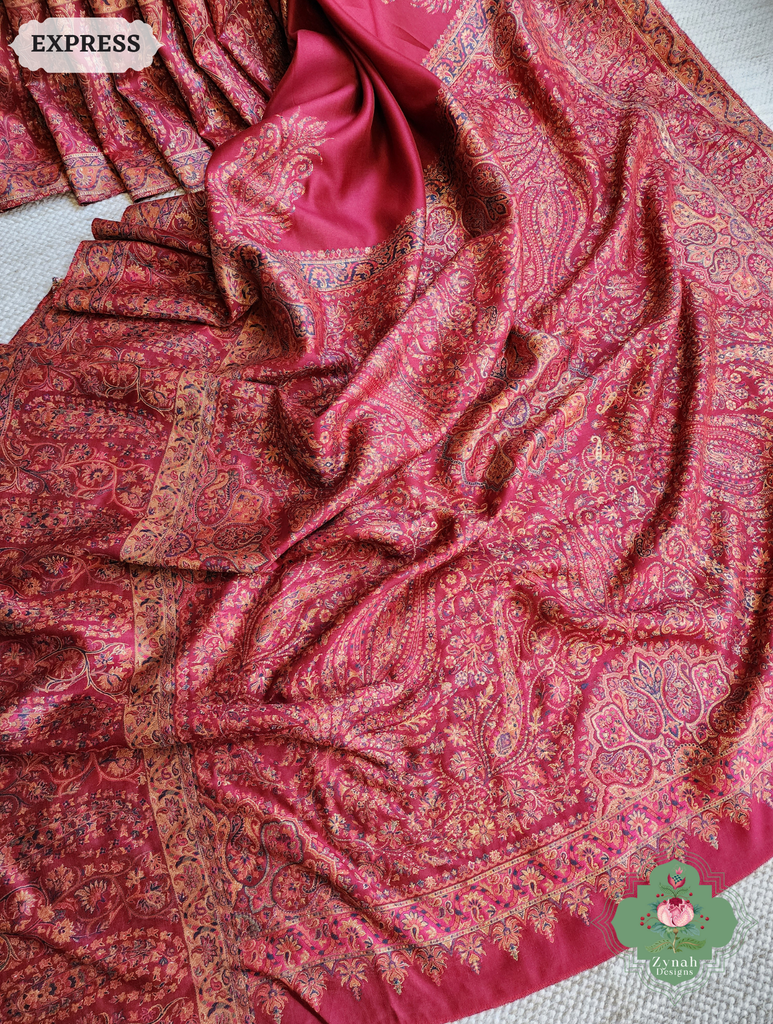 Zynah Red Kashmiri Pure Kani Silk Jamavar Saree; Custom Stitched/Ready-made Blouse, Fall, Petticoat; SKU: 0703202504