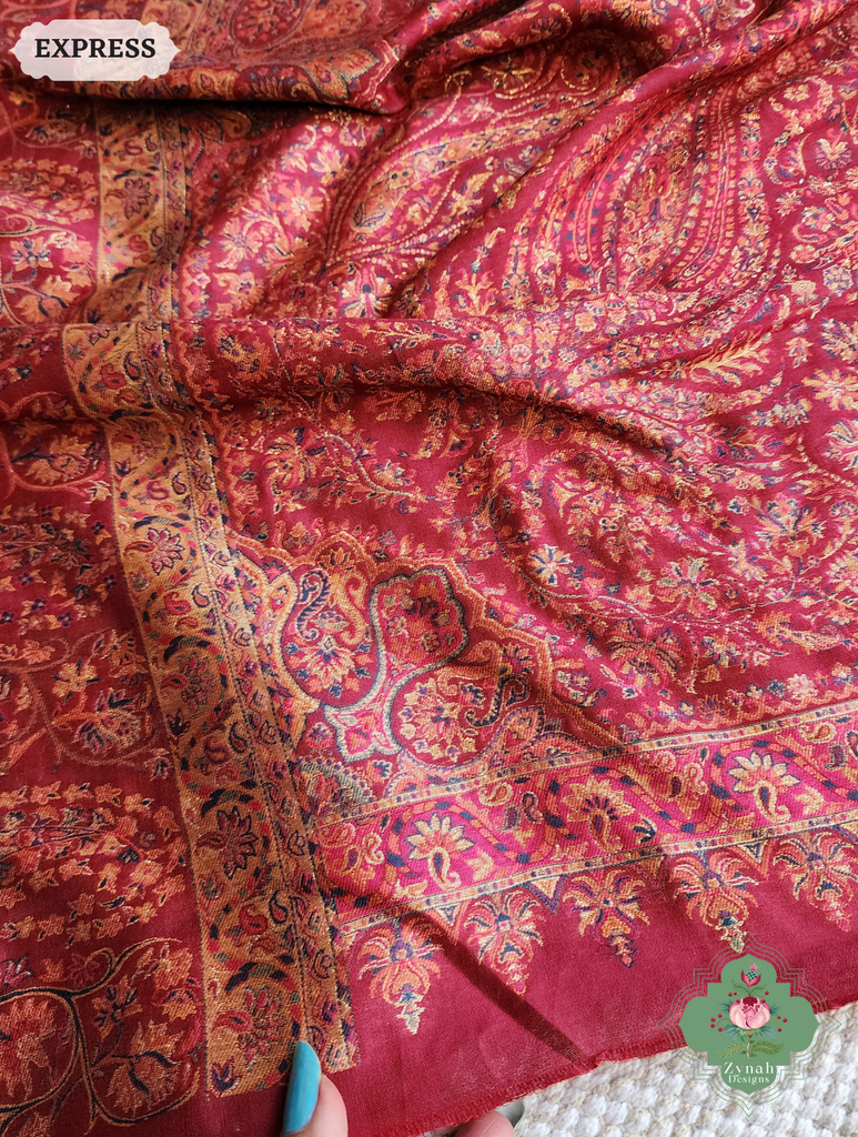 Zynah Red Kashmiri Pure Kani Silk Jamavar Saree; Custom Stitched/Ready-made Blouse, Fall, Petticoat; SKU: 0703202504