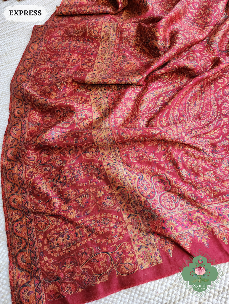 Zynah Red Kashmiri Pure Kani Silk Jamavar Saree; Custom Stitched/Ready-made Blouse, Fall, Petticoat; SKU: 0703202504