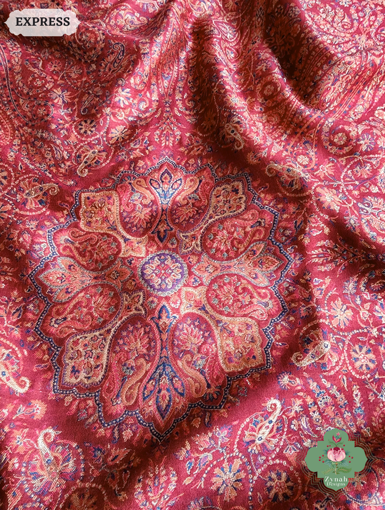Zynah Red Kashmiri Pure Kani Silk Jamavar Saree; Custom Stitched/Ready-made Blouse, Fall, Petticoat; SKU: 0703202504