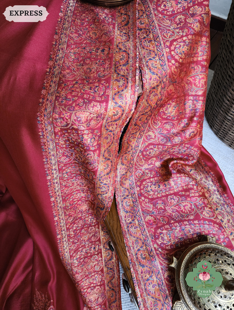 Zynah Red Kashmiri Pure Kani Silk Jamavar Saree; Custom Stitched/Ready-made Blouse, Fall, Petticoat; SKU: 0703202504