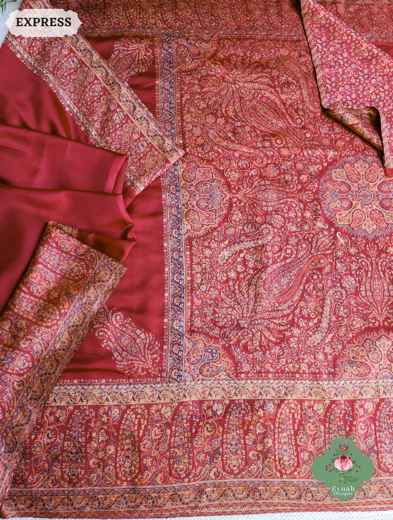 Zynah Red Kashmiri Pure Kani Silk Jamavar Saree; Custom Stitched/Ready-made Blouse, Fall, Petticoat; SKU: 0703202504