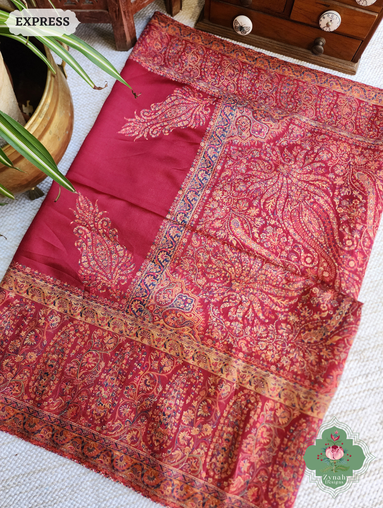 Zynah Red Kashmiri Pure Kani Silk Jamavar Saree; Custom Stitched/Ready-made Blouse, Fall, Petticoat; SKU: 0703202504