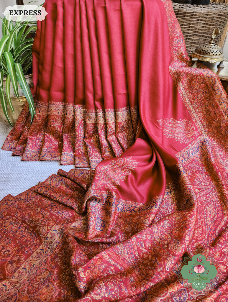 Zynah Red Kashmiri Pure Kani Silk Jamavar Saree; Custom Stitched/Ready-made Blouse, Fall, Petticoat; SKU: 0703202504