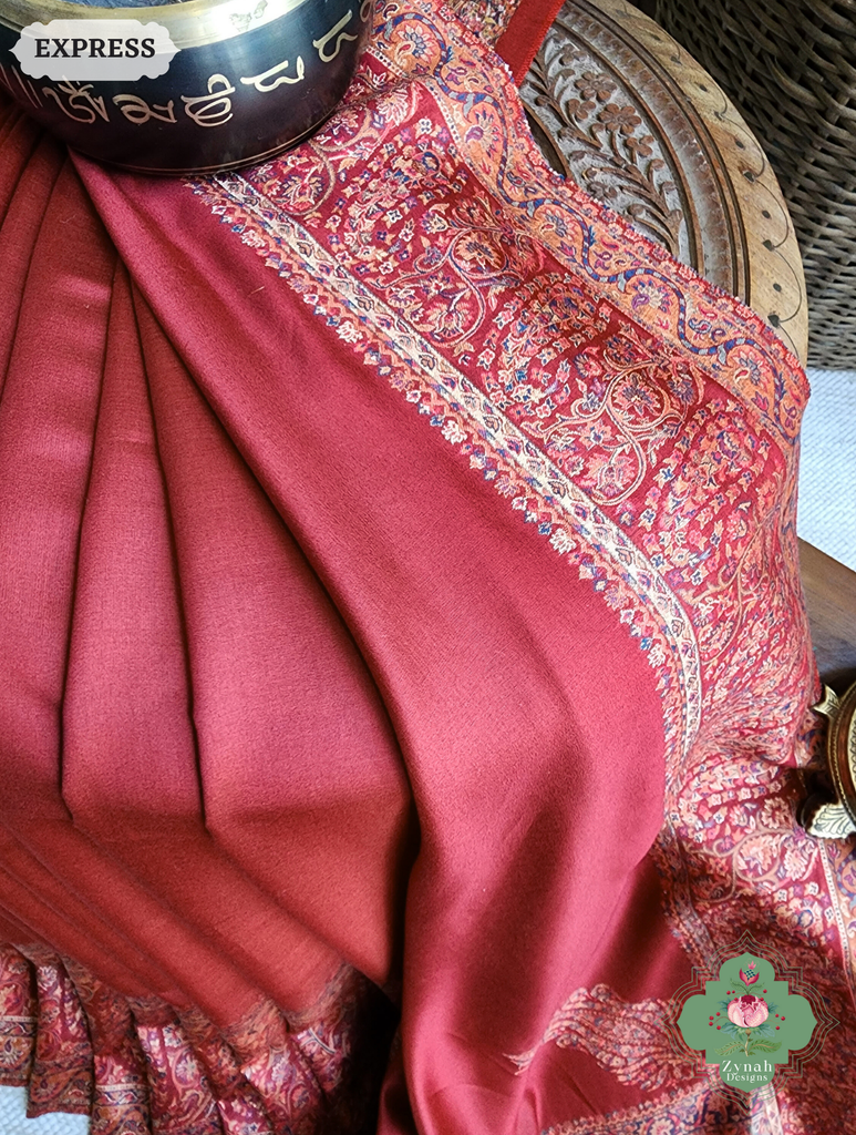 Zynah Red Kashmiri Pure Kani Silk Jamavar Saree; Custom Stitched/Ready-made Blouse, Fall, Petticoat; SKU: 0703202504