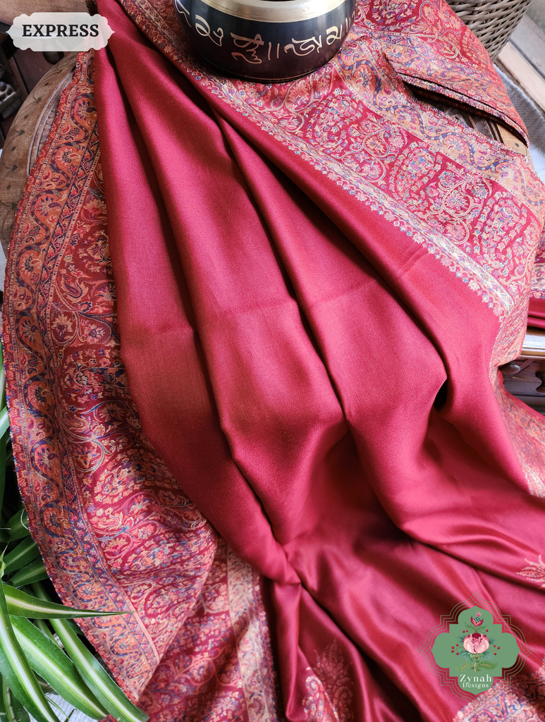 Zynah Red Kashmiri Pure Kani Silk Jamavar Saree; Custom Stitched/Ready-made Blouse, Fall, Petticoat; SKU: 0703202504
