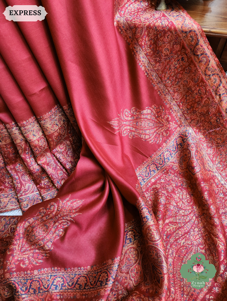 Zynah Red Kashmiri Pure Kani Silk Jamavar Saree; Custom Stitched/Ready-made Blouse, Fall, Petticoat; SKU: 0703202504
