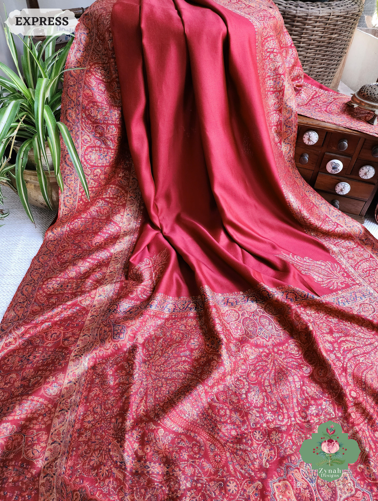 Zynah Red Kashmiri Pure Kani Silk Jamavar Saree; Custom Stitched/Ready-made Blouse, Fall, Petticoat; SKU: 0703202504
