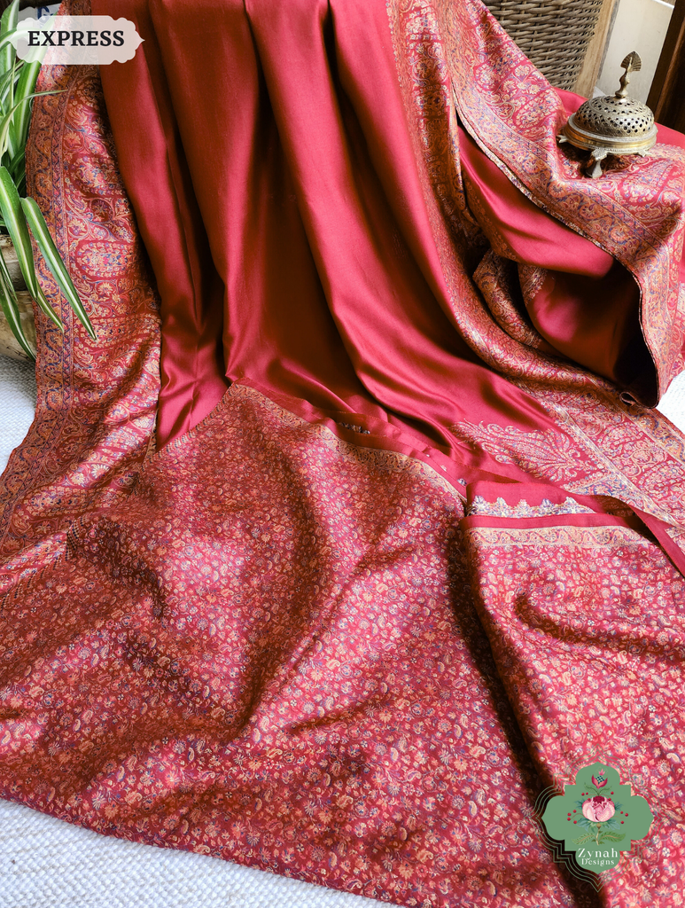 Zynah Red Kashmiri Pure Kani Silk Jamavar Saree; Custom Stitched/Ready-made Blouse, Fall, Petticoat; SKU: 0703202504
