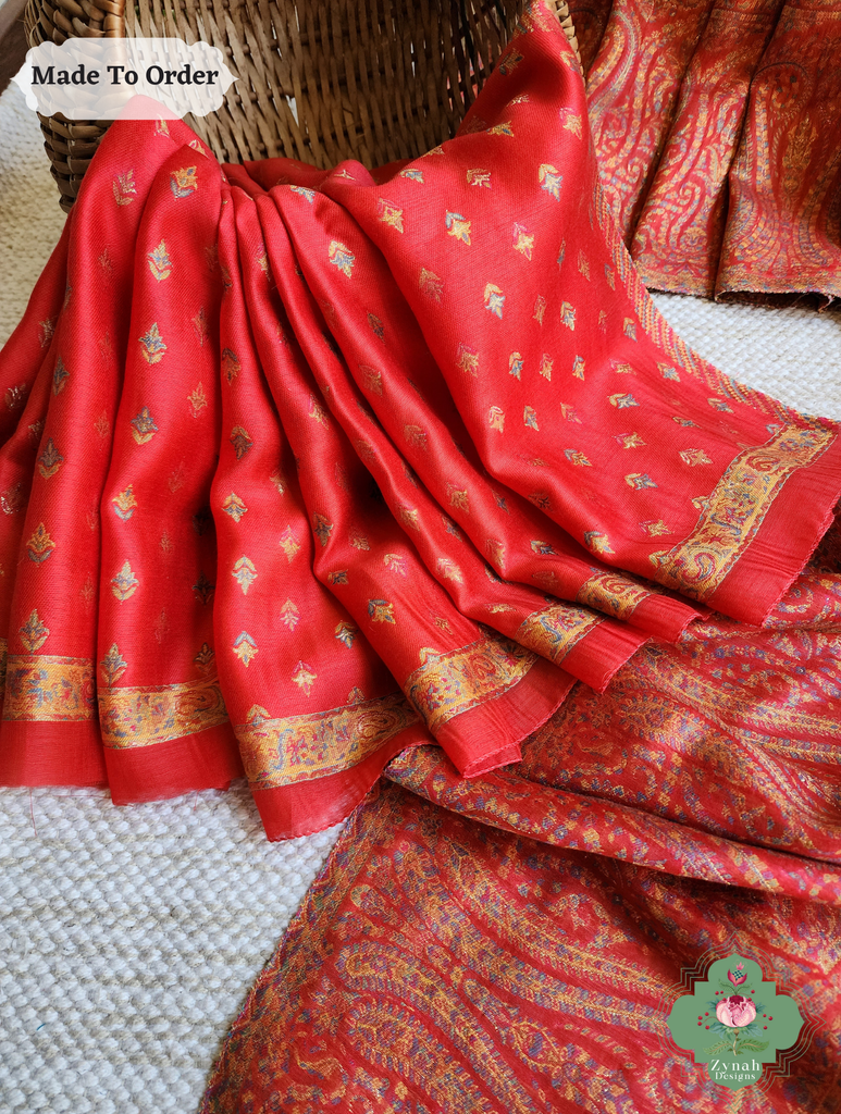 Zynah Red Kashmiri Pure Kani Silk Jamavar Saree; Custom Stitched/Ready-made Blouse, Fall, Petticoat; SKU: 0703202506