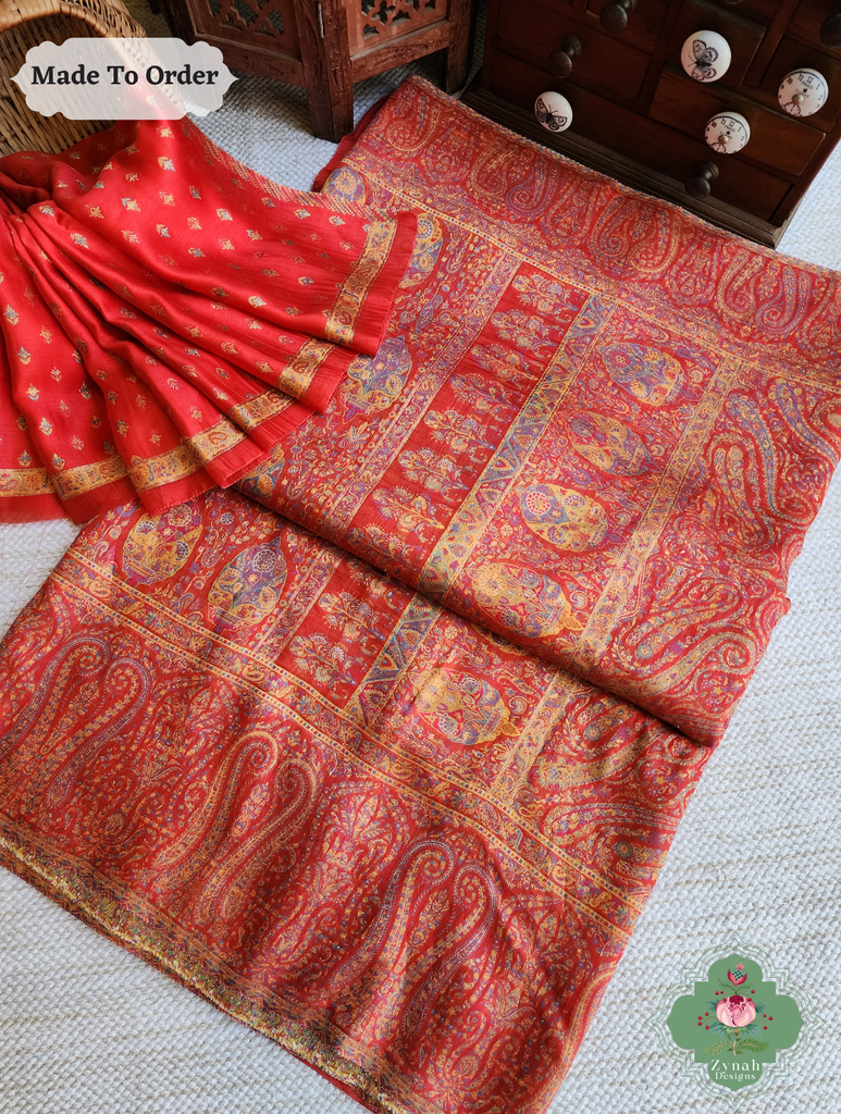 Zynah Red Kashmiri Pure Kani Silk Jamavar Saree; Custom Stitched/Ready-made Blouse, Fall, Petticoat; SKU: 0703202506