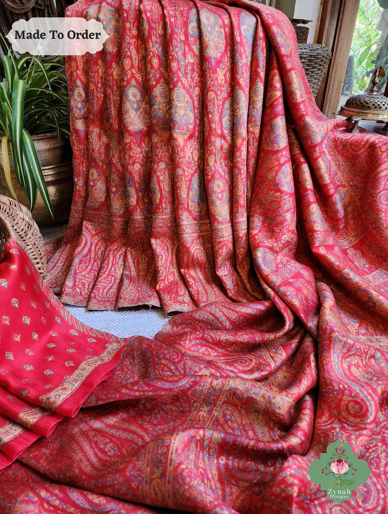 Zynah Red Kashmiri Pure Kani Silk Jamavar Saree; Custom Stitched/Ready-made Blouse, Fall, Petticoat; SKU: 0703202506