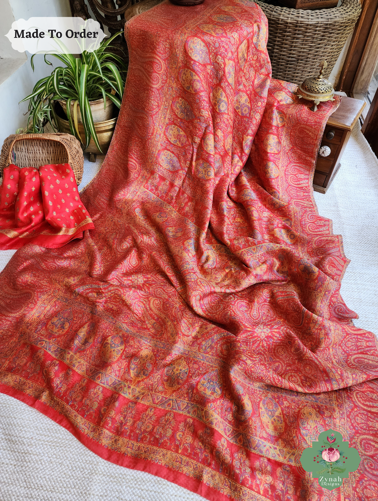 Zynah Red Kashmiri Pure Kani Silk Jamavar Saree; Custom Stitched/Ready-made Blouse, Fall, Petticoat; SKU: 0703202506