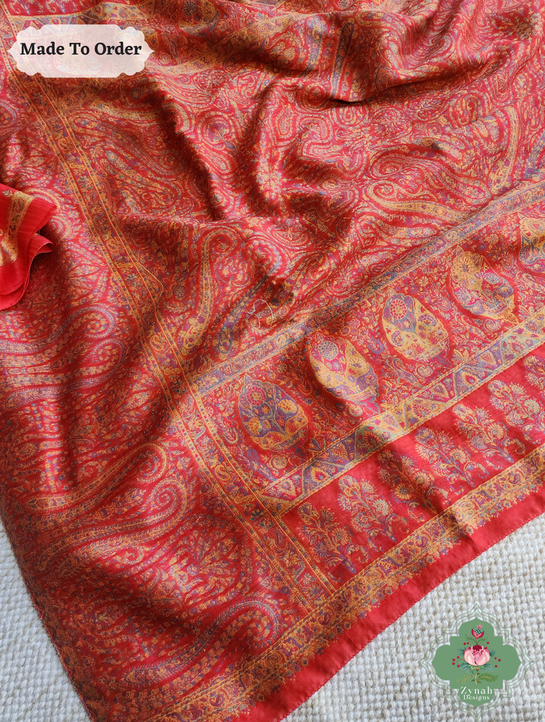 Zynah Red Kashmiri Pure Kani Silk Jamavar Saree; Custom Stitched/Ready-made Blouse, Fall, Petticoat; SKU: 0703202506