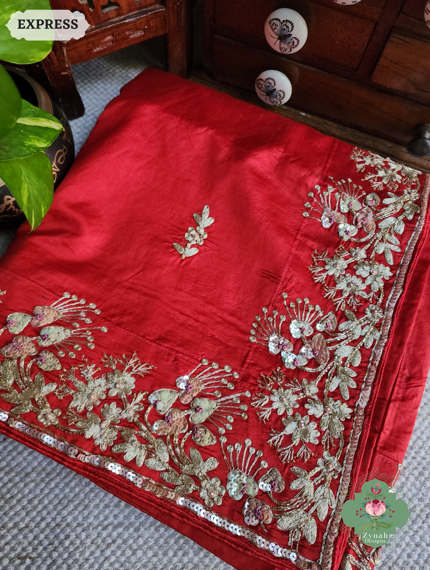 Zynah Red Pure Bangalori Silk Saree With Hand Embellished Sequins, Pearl & Pita Work; Custom Stitched/Ready-made Blouse, Fall, Petticoat; SKU: 2602202502