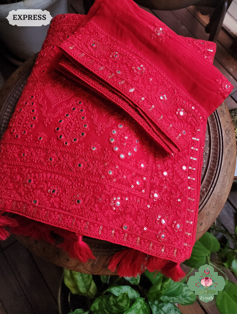 Zynah Red Pure Georgette Chikankari Saree; Custom Stitched/Ready-made Blouse, Fall, Petticoat; SKU: 2608202302