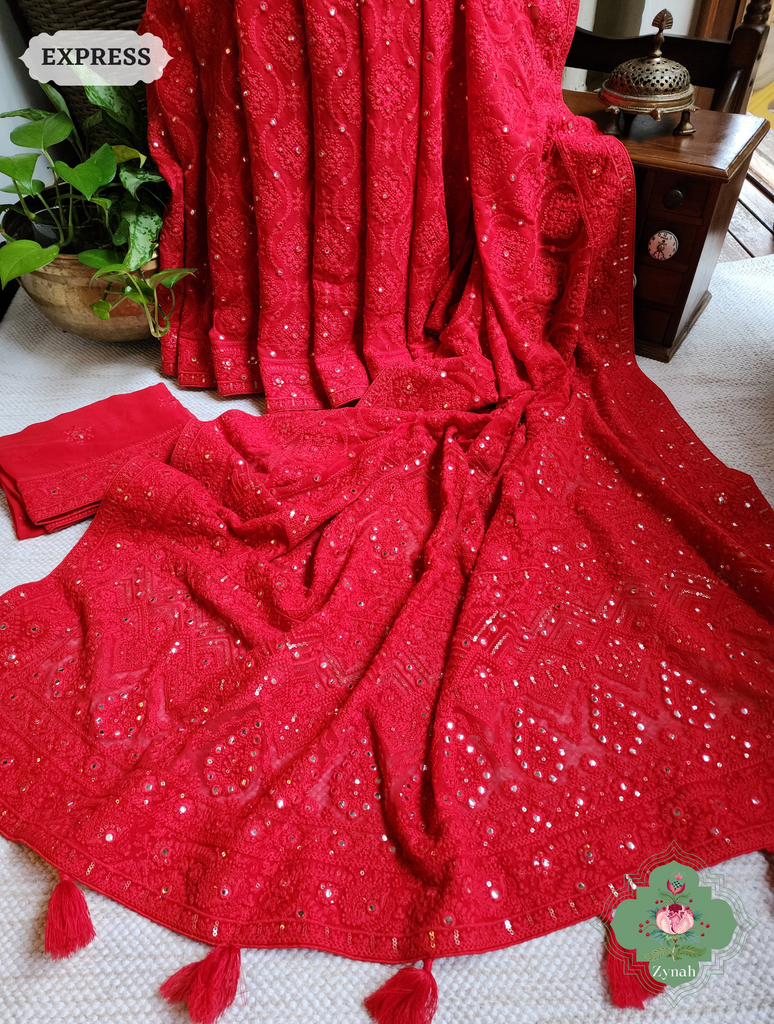 Zynah Red Pure Georgette Chikankari Saree; Custom Stitched/Ready-made Blouse, Fall, Petticoat; SKU: 2608202302
