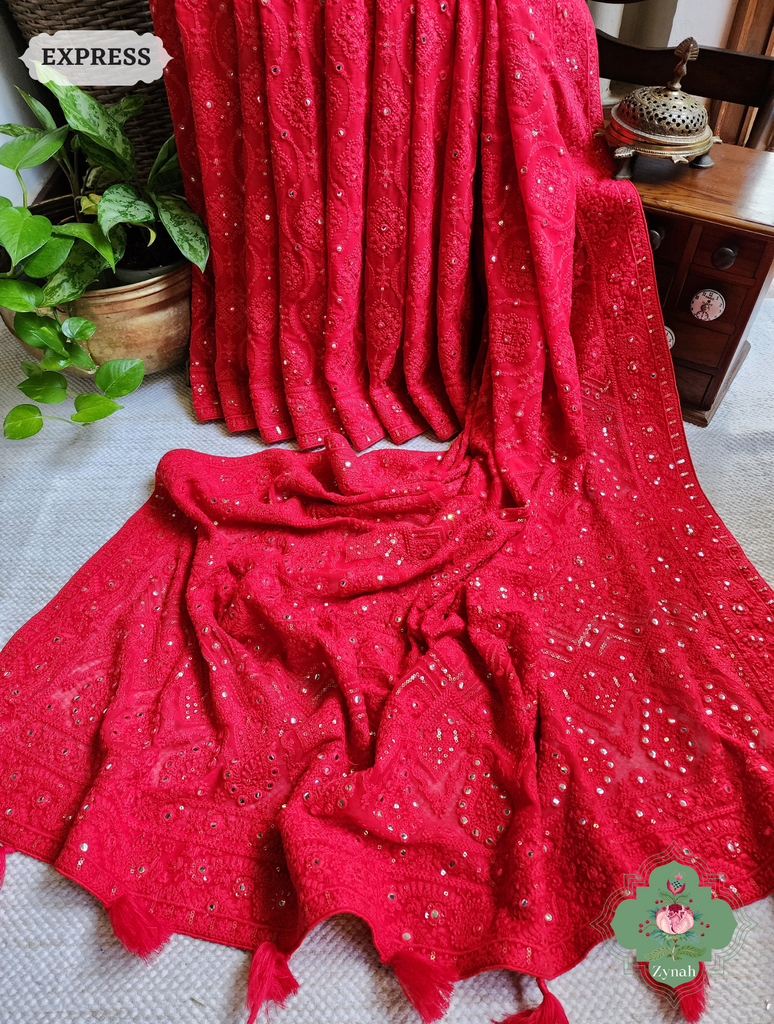 Zynah Red Pure Georgette Chikankari Saree; Custom Stitched/Ready-made Blouse, Fall, Petticoat; SKU: 2608202302