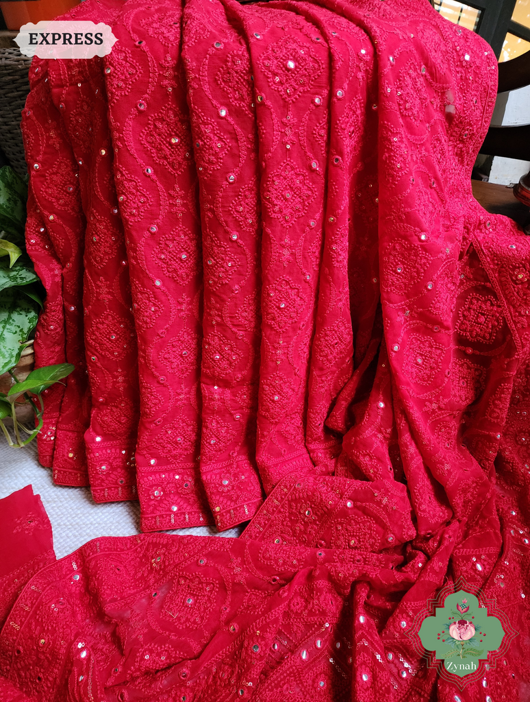 Zynah Red Pure Georgette Chikankari Saree; Custom Stitched/Ready-made Blouse, Fall, Petticoat; SKU: 2608202302