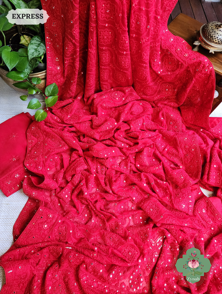 Zynah Red Pure Georgette Chikankari Saree; Custom Stitched/Ready-made Blouse, Fall, Petticoat; SKU: 2608202302