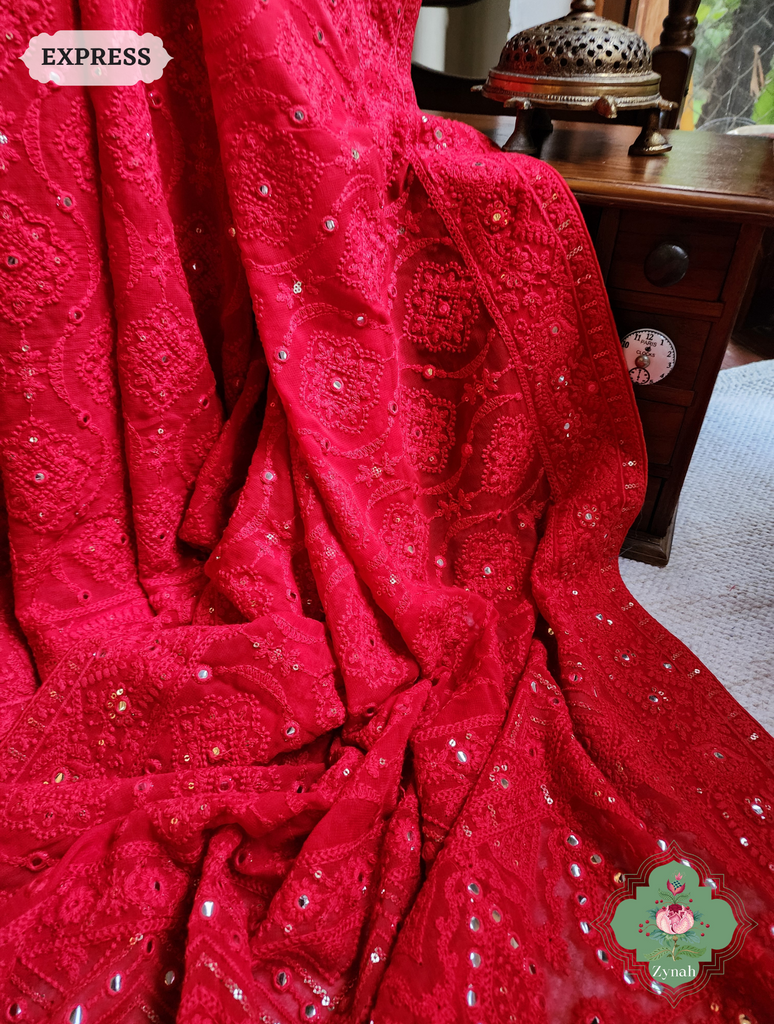 Zynah Red Pure Georgette Chikankari Saree; Custom Stitched/Ready-made Blouse, Fall, Petticoat; SKU: 2608202302
